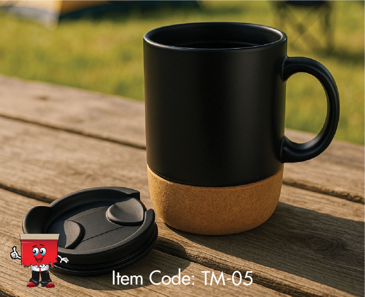 Ceramic Mug Matte with Lid & Cork base, Black, 385ml