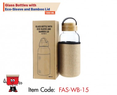 Glass Bottles with Eco-Sleeve and Bamboo Lid, 1000 ml