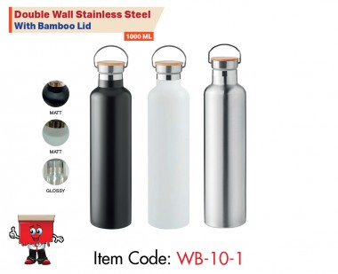 Double Wall Stainless Steel Bottle with Bamboo Lid , 1000ml